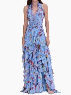 PatBO Lily Floral Flutter Halter Gown